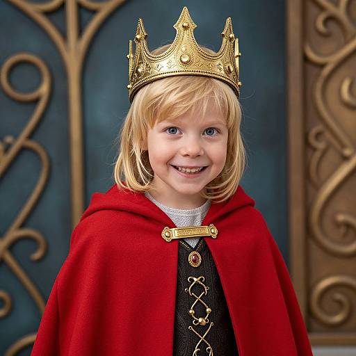 Photograph of a smiling blonde child wearing a golden crown and red cloak, standing against a decorative, dark blue and gold background.