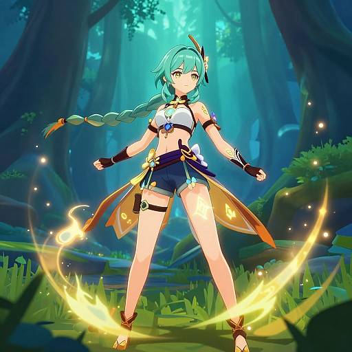 Digital anime-style illustration of a green-haired, blue-eyed female warrior with a braid, wearing a white crop top, blue shorts, and orange-yellow