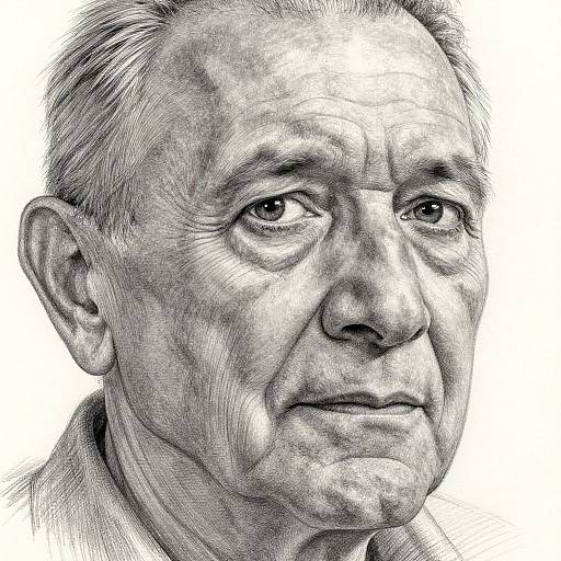 Black-and-white pencil drawing of an elderly man with short, thinning hair, wrinkled skin, and a thoughtful expression, looking to the right.