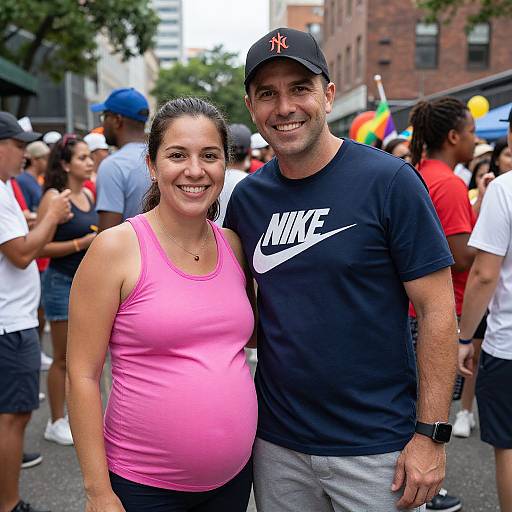 Photograph of a smiling pregnant woman in a pink tank top and a man in a black Nike shirt and cap, standing at a crowded outdoor event with