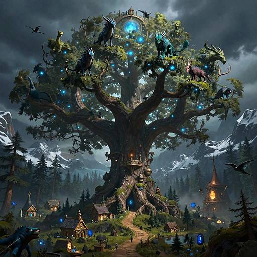 Fantastical digital artwork of a massive, enchanted tree with glowing blue orbs, small houses, and mythical creatures in a misty, mountainous forest