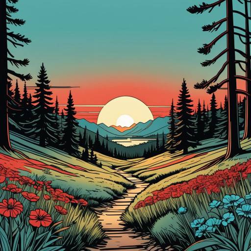 Sunset Over Forest Valley with Wildflowers