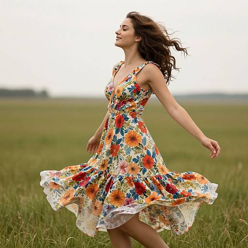Photograph of a smiling woman with long brown hair, wearing a sleeveless, floral-patterned dress, dancing in a green field.