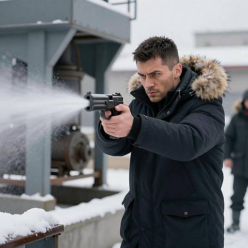 Muscular Man Aiming Gun in Snowy Scene