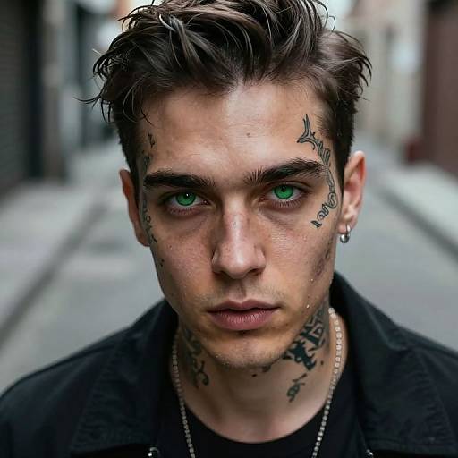 Photograph of a young man with green eyes, short dark hair, multiple tattoos, black jacket, and piercings, standing on a blurred urban