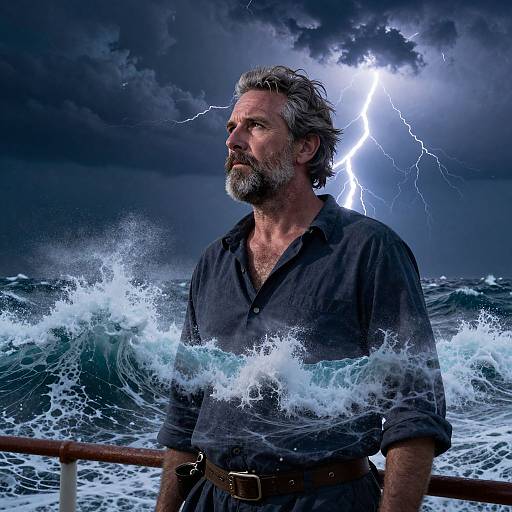 Photograph of a bearded middle-aged man with grey hair, wearing a dark shirt, standing on a boat in stormy ocean, lightning illuminating