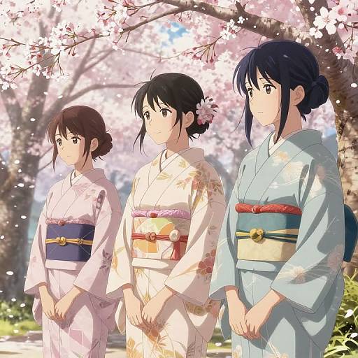 Three Japanese women in traditional kimonos stand under cherry blossom trees, sunlight filtering through petals. Digital anime-style illustration.