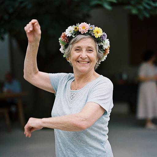 Photograph of an elderly woman with short gray hair, wearing a white lace top and a colorful flower crown, smiling and raising her right arm in a