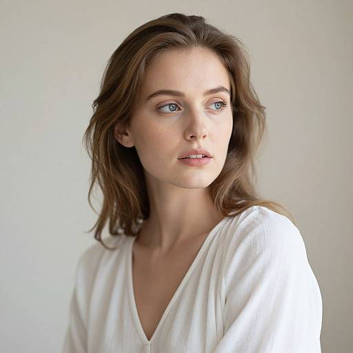 Photograph of a fair-skinned, blue-eyed woman with wavy brown hair, wearing a white, V-neck blouse, gazing thoughtfully to