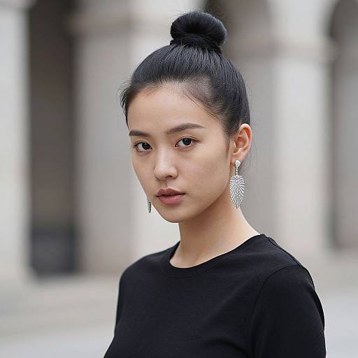 Photograph of an East Asian woman with fair skin, black bun hairstyle, wearing a black top and large silver leaf earrings, standing in a blurred urban