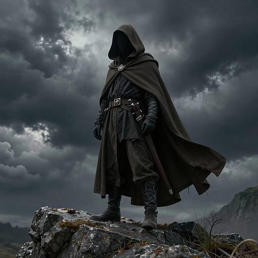 Mysterious hooded figure in dark cloak and gloves stands on rocky outcrop under stormy, cloudy sky; dramatic, moody photograph.
