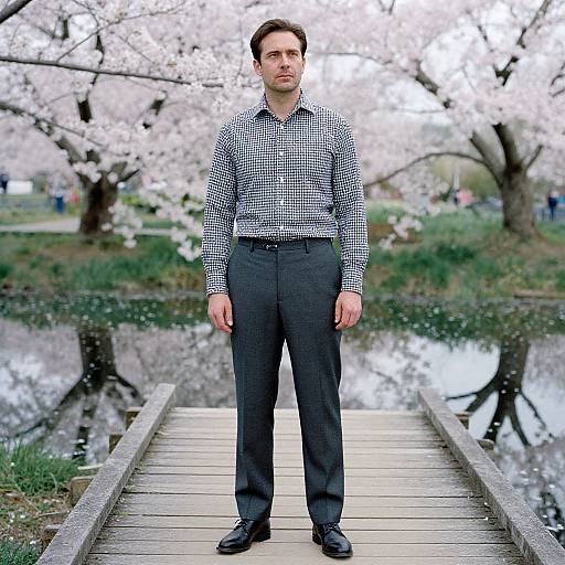 Man in Gingham Shirt by Cherry Blossoms