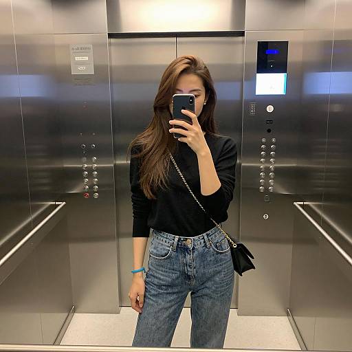 Young Woman Taking Elevator Mirror Selfie