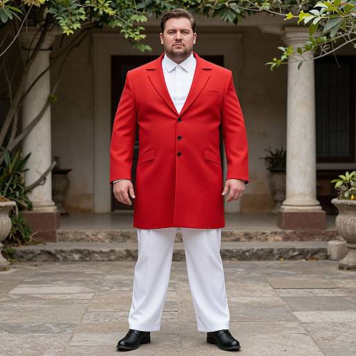 Photograph of a serious, bearded man in a bright red overcoat, white pants, and black shoes, standing in a stone-paved courtyard