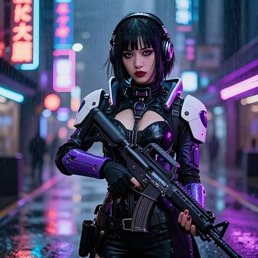 Cyberpunk street scene: Asian woman with black bob, purple highlights, heavy armor, and headphones, holding assault rifle in rainy neon-lit alley