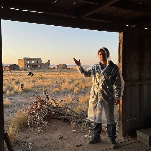 Photograph of a man in a white raincoat standing in a dilapidated wooden shed, gesturing towards a sunlit, abandoned desert town with