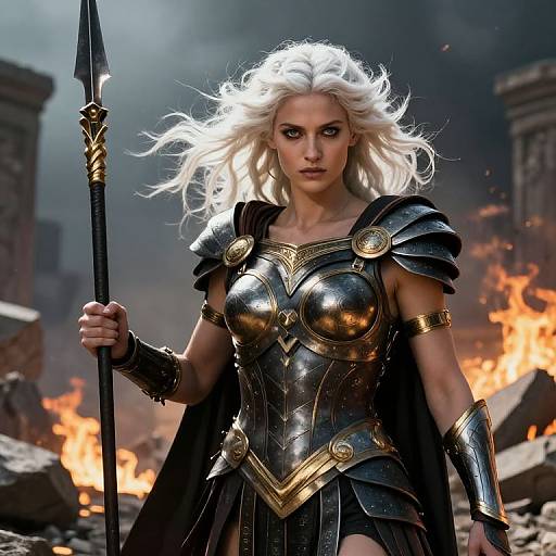 Digital artwork of a fierce, white-haired warrior woman in gold and black armor, holding a spear, standing amid burning ruins.