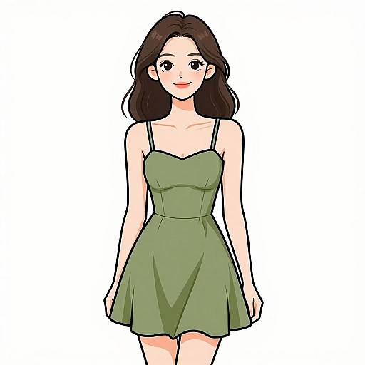 Digital anime-style drawing of a smiling young woman with fair skin, dark brown hair, wearing a green, sleeveless, spaghetti strap dress.