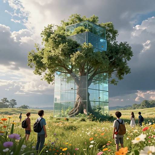 Digital artwork: Transparent glass cube encasing a massive tree in a sunlit meadow, with six people in casual clothes admiring it, colorful wild
