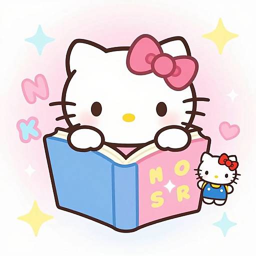 Digital drawing of Hello Kitty with a pink bow, reading a blue and pink book, with a small Hello Kitty figurine beside her. Background has past
