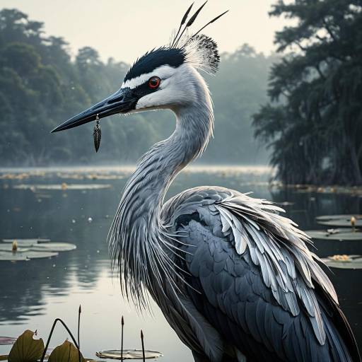 Serene Crane by Misty Lake