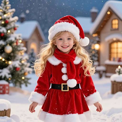 Photograph of a smiling blonde girl in a red Santa dress and hat, standing in a snowy, Christmas-lit village at night.