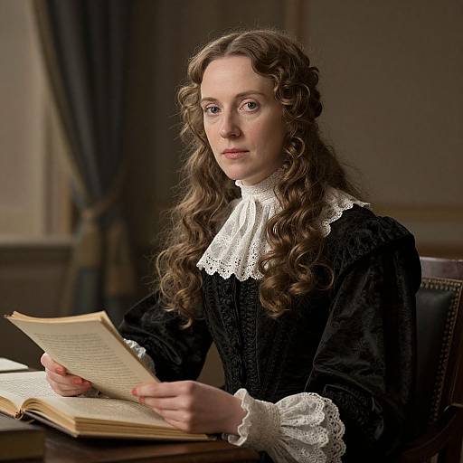 Photograph of a young woman with long, curly brown hair, wearing a black lace-trimmed dress, reading a book in a dimly lit