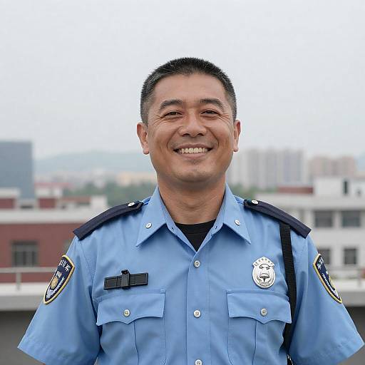 Smiling Policeman on Urban Rooftop