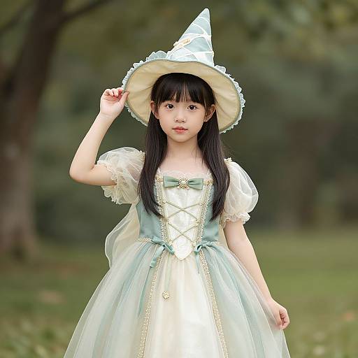 Photograph of an East Asian girl in a pastel green and white wizard dress with a pointed hat, standing in a blurred green forest. She has