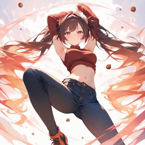 Young woman with long brown-to-yellow ombre hair, wearing a blue ribbed crop top and high-waisted blue jeans, striking a dynamic