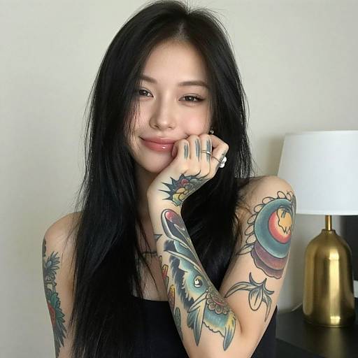 Photograph of an Asian woman with long black hair, smiling, showcasing colorful tattoos on arms, wearing a black top, next to a white lamp.