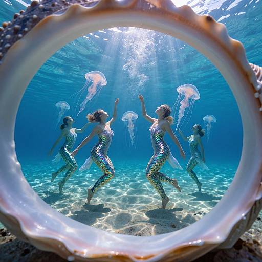 Photograph of five mermaid-like women with fish-scale swimsuits and long hair, dancing underwater surrounded by jellyfish, framed by a seashell