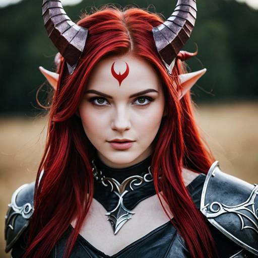 Tiefling Cosplay Woman with Red Hair and Horns