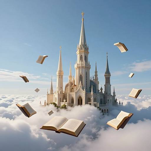 Whimsical Floating Books in Sky