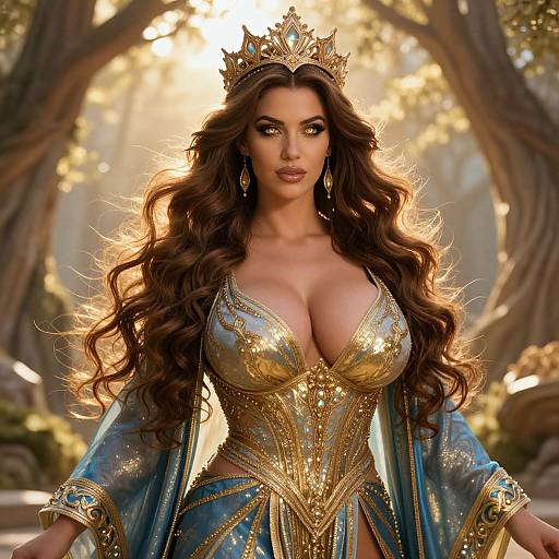 Digital artwork of a queen with long brown hair, golden crown, and blue-gold armor dress, large breasts, forest background.