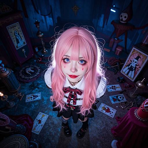 Photograph of a pink-haired anime girl with blue eyes, blood on her face, standing in a dark, cluttered room with tarot cards,