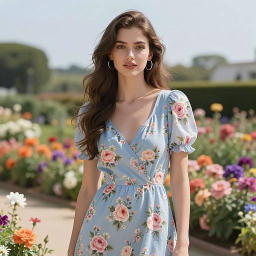 Young Woman in Light Blue Floral Dress in Garden