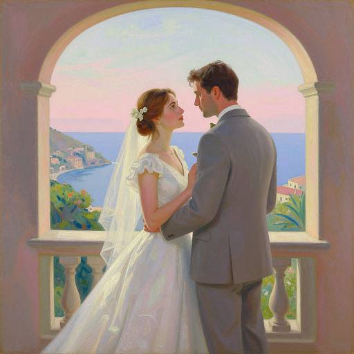 Digital painting of a bride and groom in white wedding attire, gazing at each other under an arched balcony with a coastal sunset view.