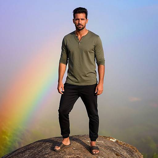 Photograph of a bearded man with short black hair, wearing a green long-sleeve henley shirt, black pants, and sandals, standing