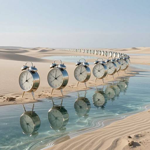 Photorealistic digital art of ten vintage alarm clocks in a desert, standing in a reflective water puddle, with endless sandy dunes and clear sky