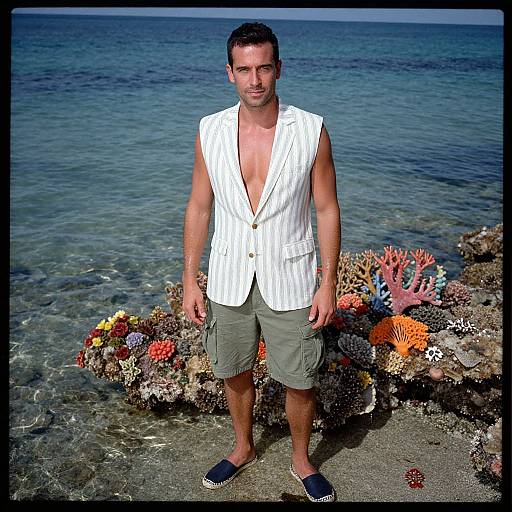 Photograph of a muscular, tan-skinned man with short dark hair, wearing a white pinstripe vest, olive cargo shorts, and blue slip