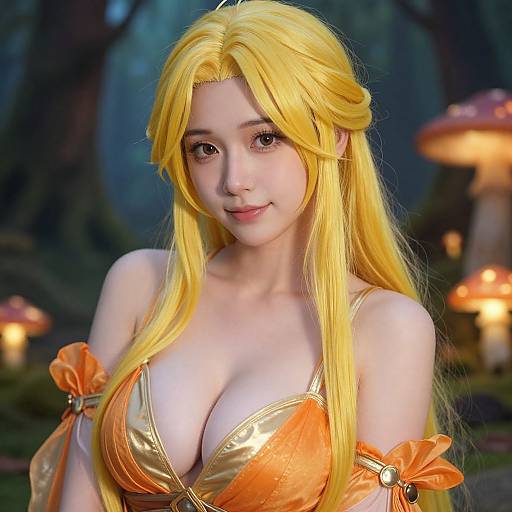 Photograph of an anime-style cosplayer with long yellow hair, large breasts in an orange and gold bikini top, surrounded by glowing mushrooms in a forest