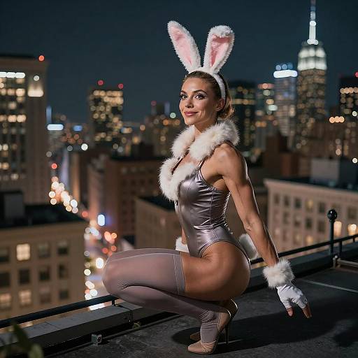 Woman in Bunny Costume on City Rooftop at Night