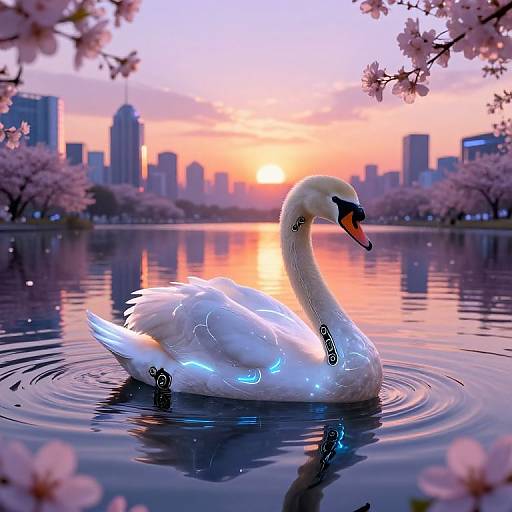Digital artwork of a glowing white swan with blue patterns, floating on a serene lake at sunset, surrounded by cherry blossoms and a city skyline.
