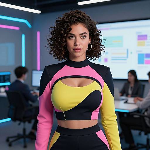 Photorealistic digital image of a curly-haired woman with medium brown skin and large breasts wearing a colorful, cut-out, long-sleeve top,