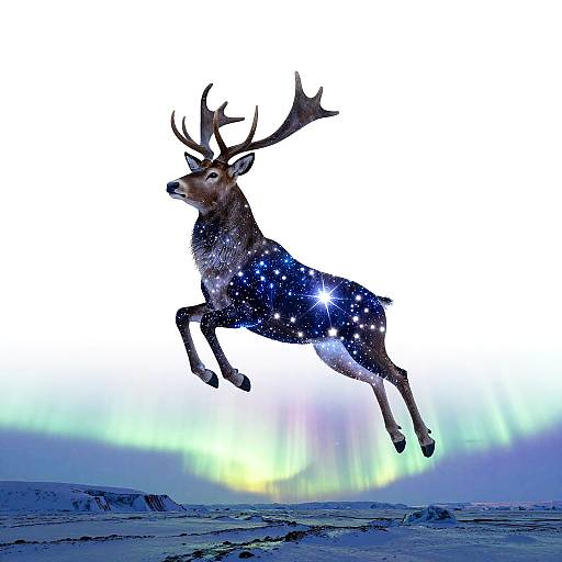 Digital illustration of a majestic, star-covered reindeer leaping against a snowy landscape with a colorful aurora borealis in the background.