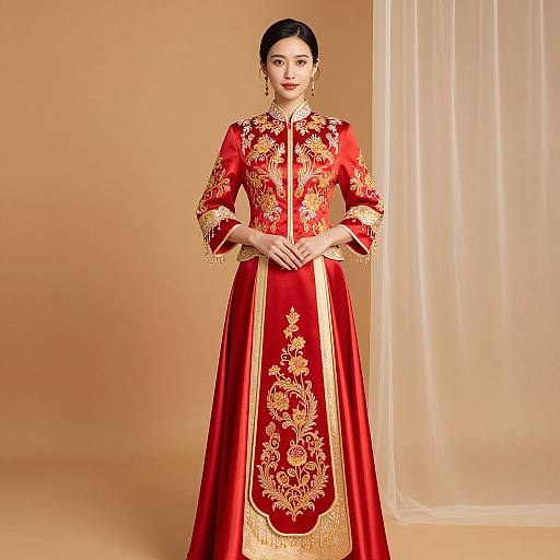Photograph of an East Asian woman in a red, ornate traditional Chinese dress with gold embroidery, standing against a beige and white background.