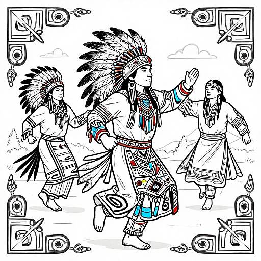 Intricate black line drawing of three Native American warriors with feathers, blue accents, and traditional attire, dancing within a decorative border. Digital art.