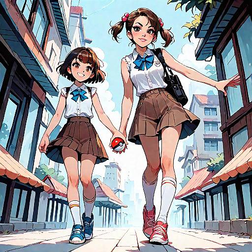 Two Anime Schoolgirls Walking in City Holding Pokeball