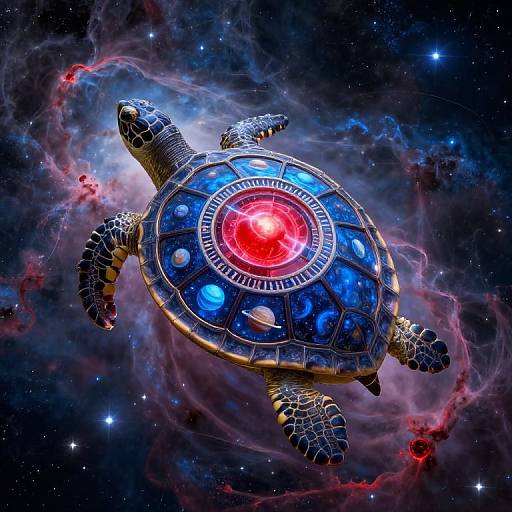 Digital artwork of a turtle with a glowing, technicolor shell floating in a cosmic nebula, surrounded by stars and vibrant colors.